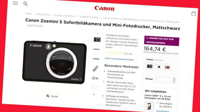 Canon: Sofortbildkamera Zoemini S jetzt 20 Prozent günstiger  nur online!